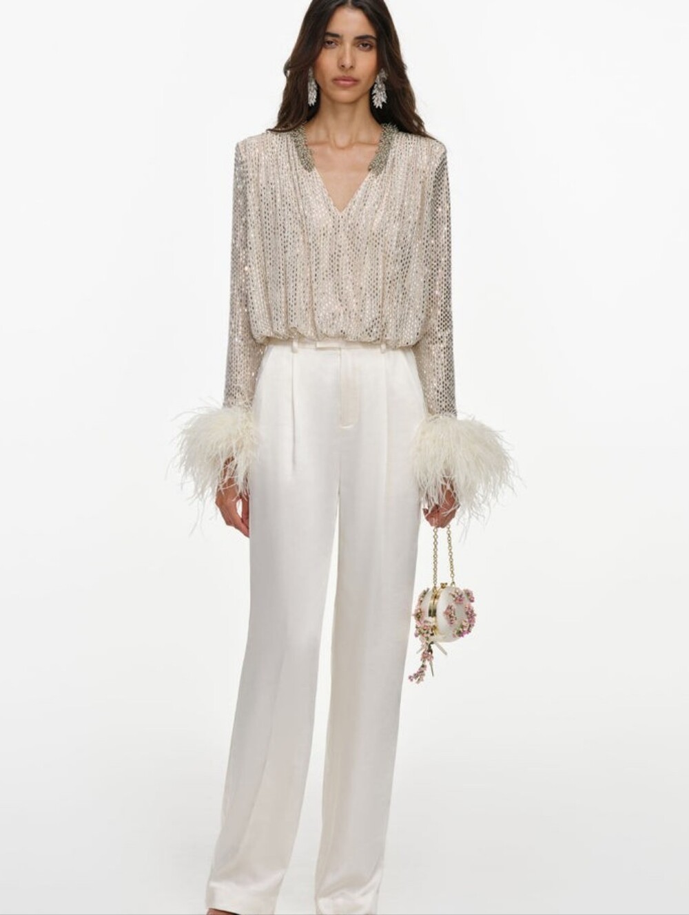 Self Portrait Champagne Rhinestone Embellished Feather Top